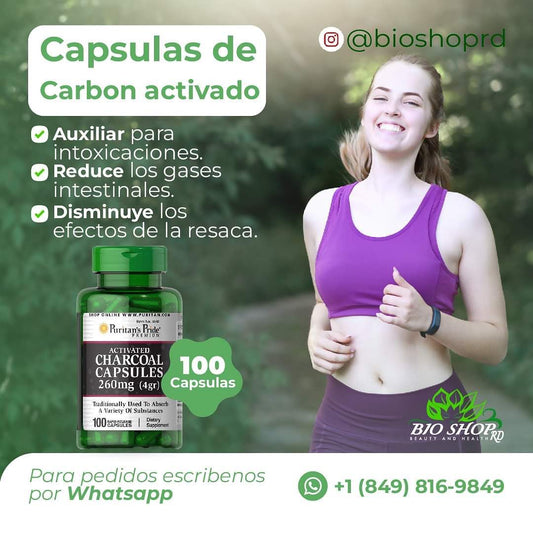 Cápsulas de carbón activado, 260 mg altamente absorbentes, ayudan a aliviar los gases y la hinchazón, promueve la desintoxicación natural derivada de las cáscaras de coco, por porción, 100 cápsulas