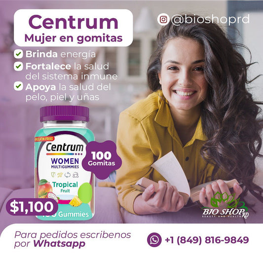 Centrum Gomitas multivitamínicas para mujer, sabores de frutas tropicales hechas de sabores naturales, 100 unidades, suministro para 50 días