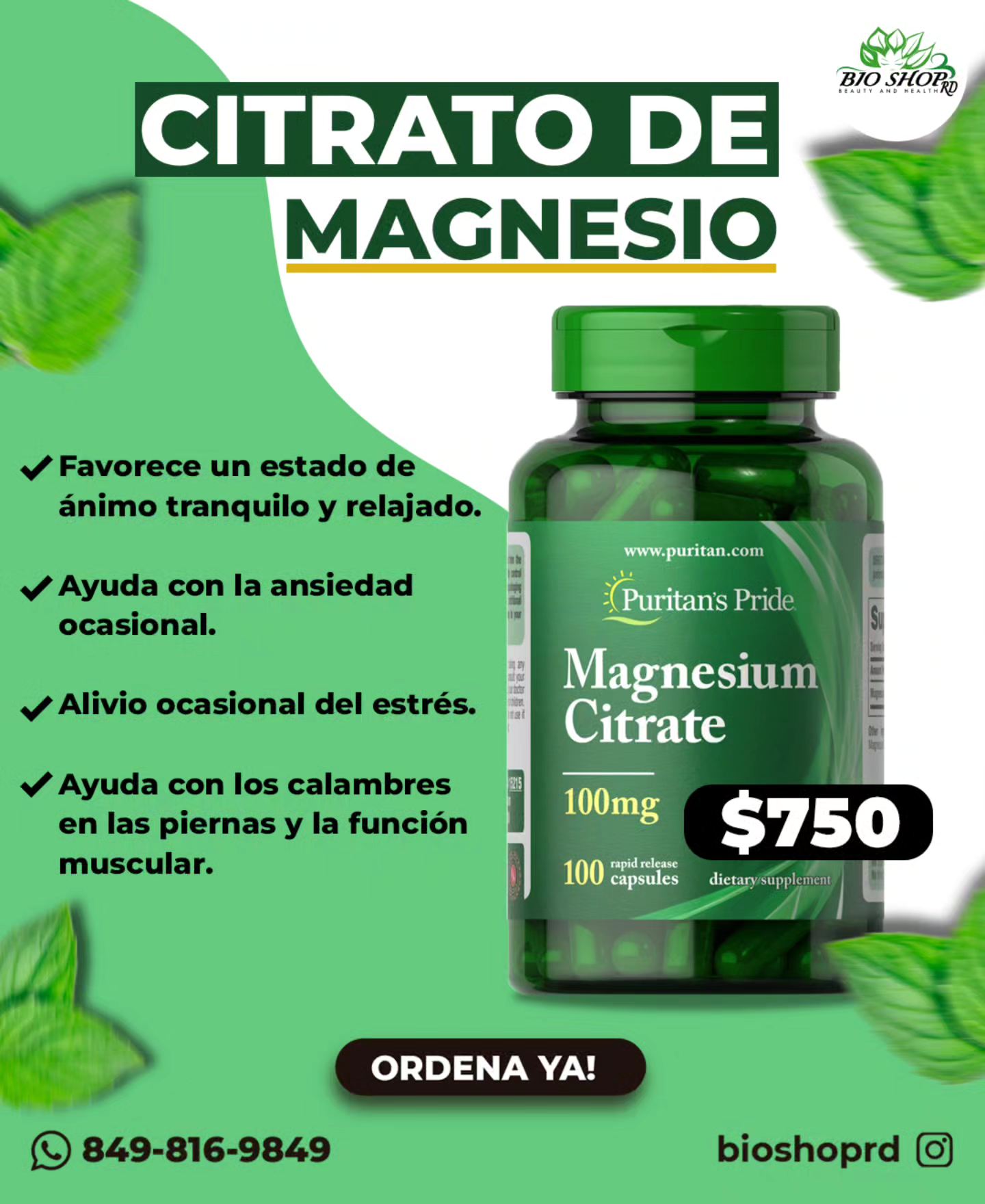 CITRATO DE MAGNESIO 100 MG - 100 cápsulas  - PURITANS PRIDE