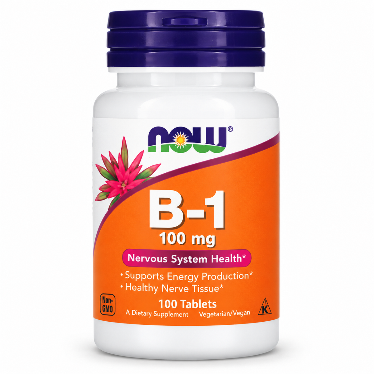 Vitamina B1 100 mg, 100 tabletas de NOW Foods — frasco sobre fondo blanco