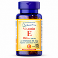 Vitamina E 184 mg (400 UI) con selenio 50 mcg, 100 cápsulas blandas de Puritan's Pride — frasco sobre fondo blanco