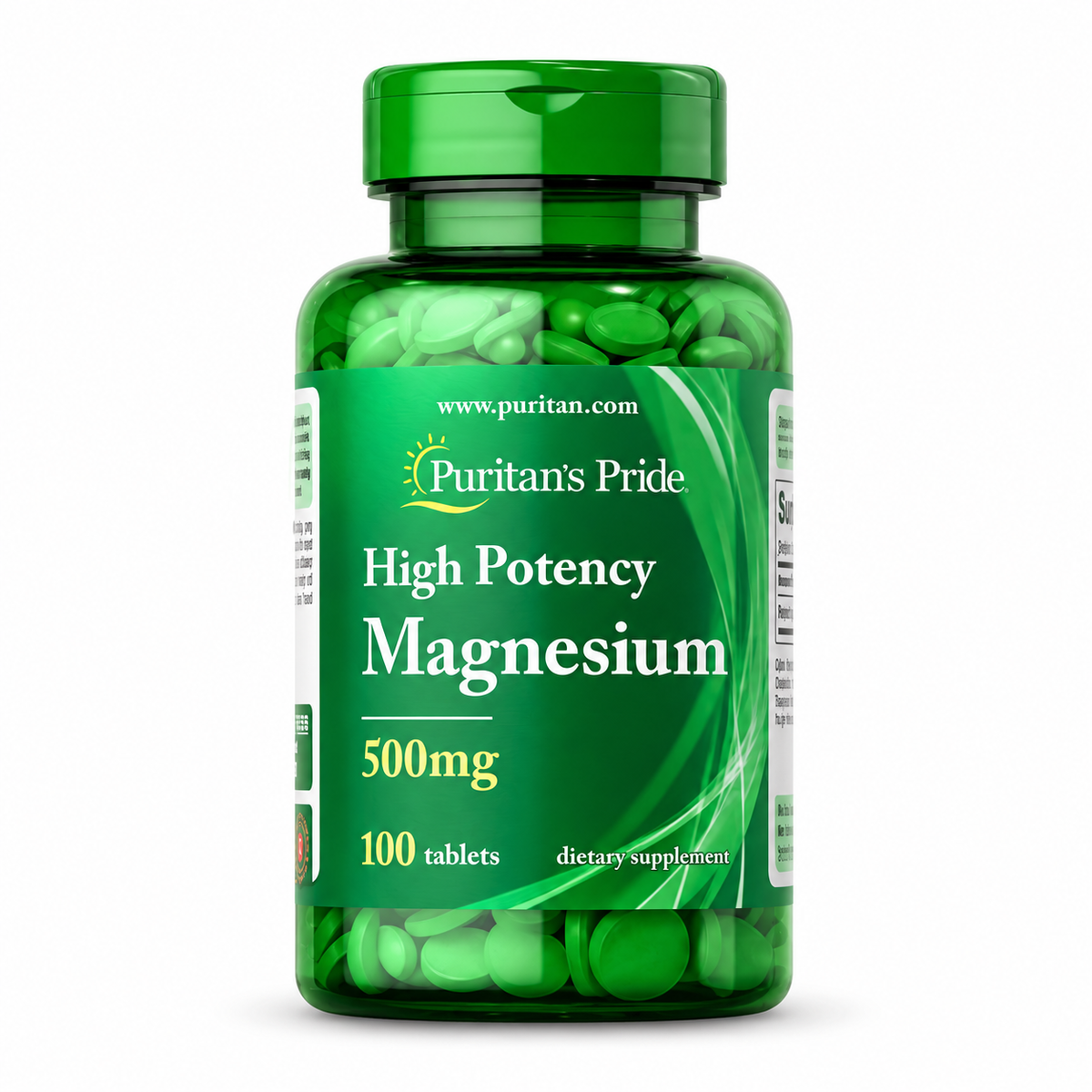 Magnesio 500 mg, 100 tabletas de Puritan's Pride — frasco sobre fondo blanco