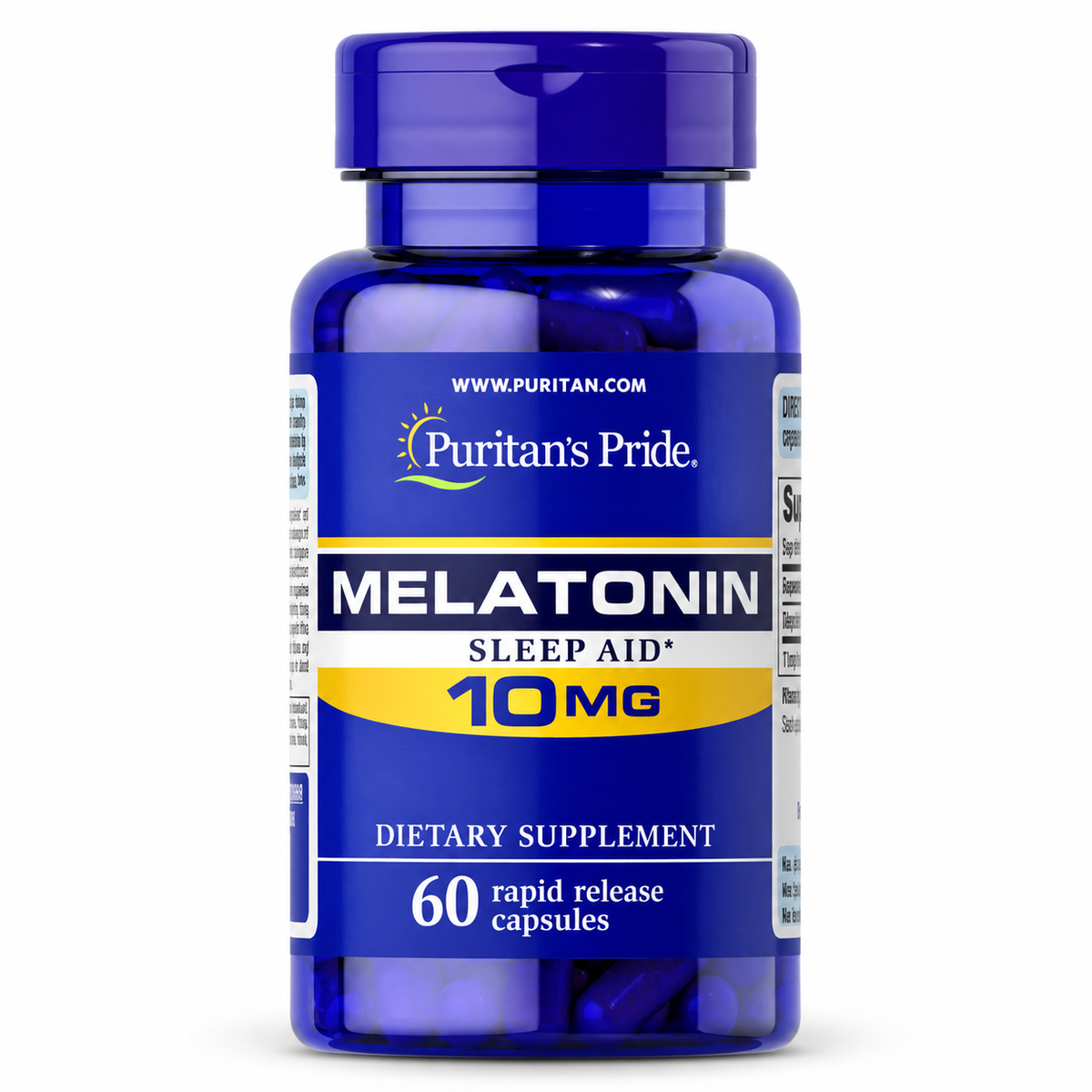 Melatonina 10 mg, 60 cápsulas de Puritan's Pride — frasco sobre fondo blanco