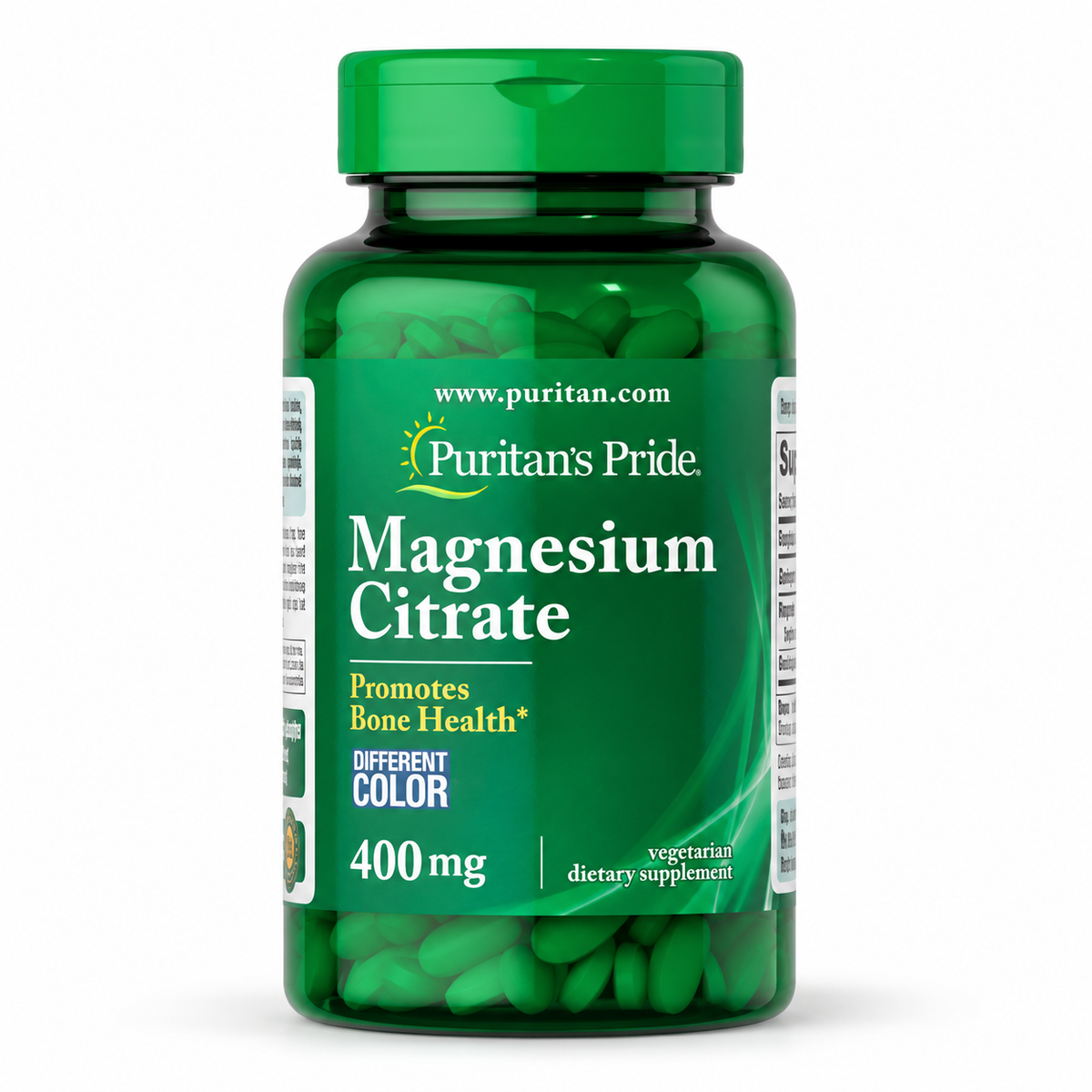 Citrato de magnesio 400 mg, 90 capletas de Puritan's Pride — frasco sobre fondo blanco