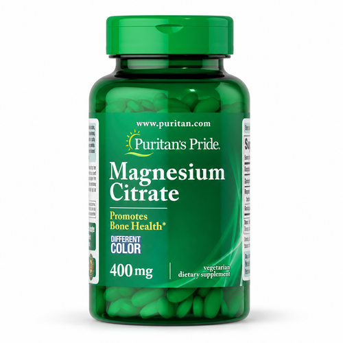 Citrato de magnesio 400 mg, 90 capletas de Puritan's Pride — frasco sobre fondo blanco