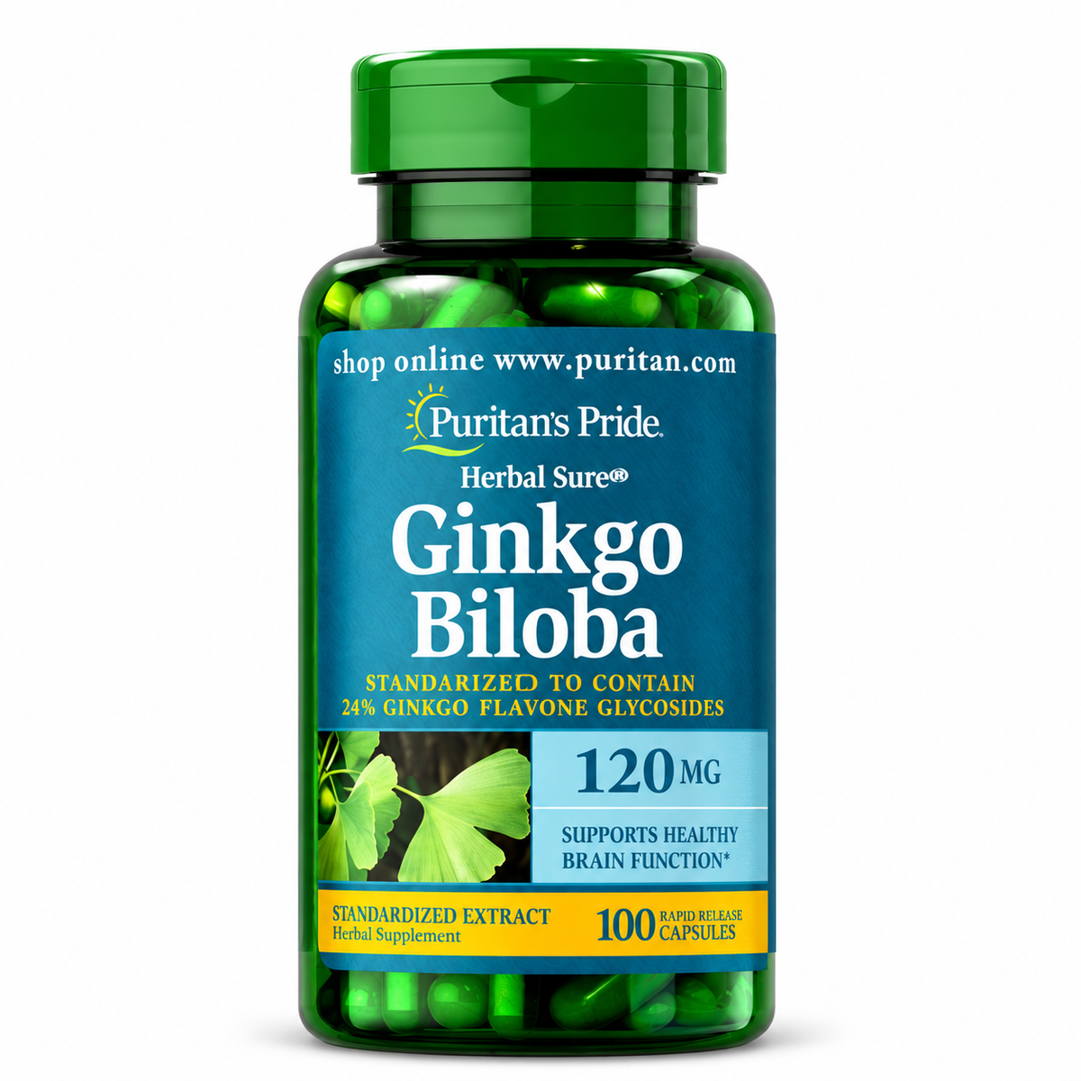 Ginkgo Biloba 120 mg, 100 cápsulas de Puritan's Pride — frasco sobre fondo blanco