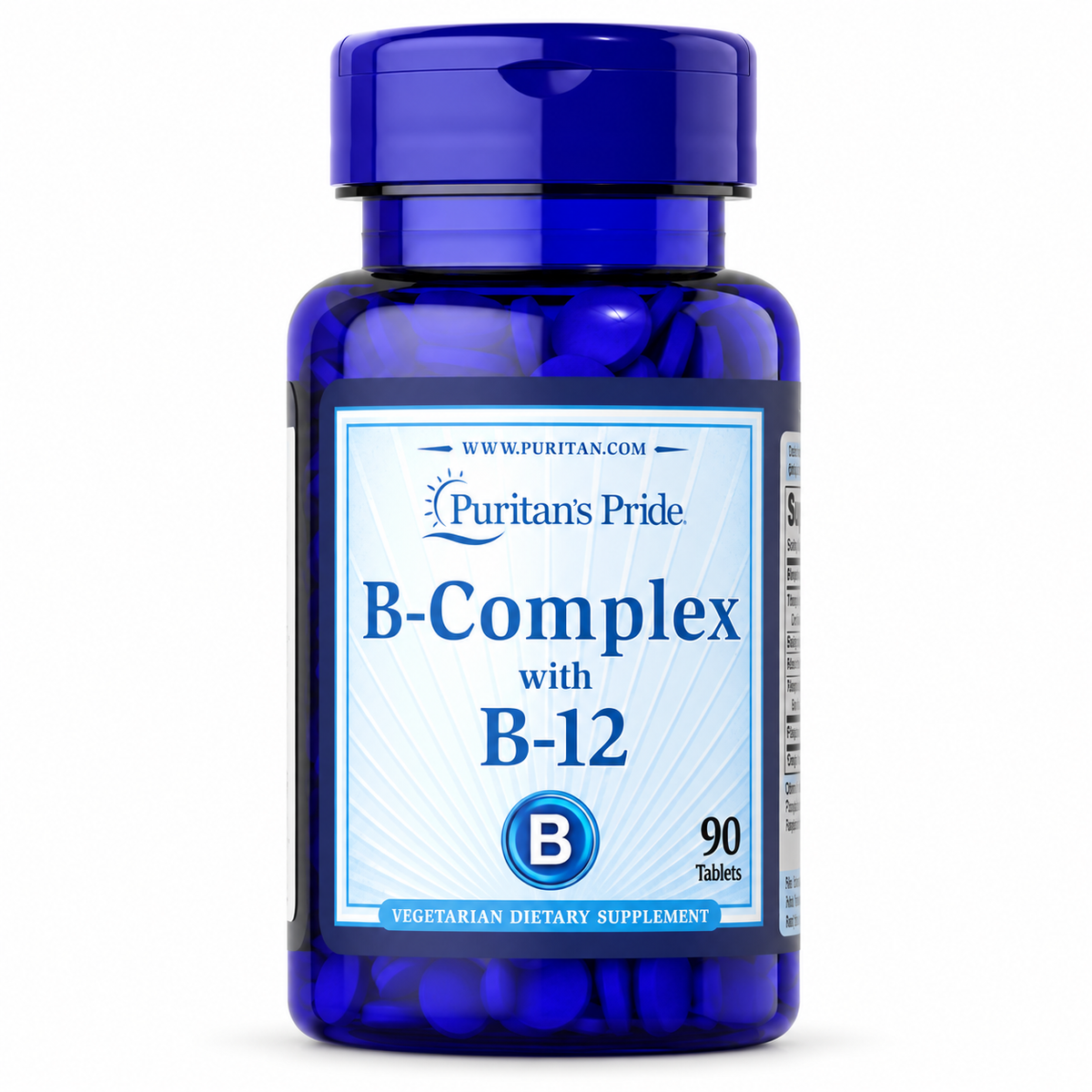 Complejo B con vitamina B12, 90 tabletas de Puritan's Pride — frasco sobre fondo blanco