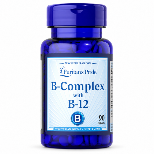 Complejo B con vitamina B12, 90 tabletas de Puritan's Pride — frasco sobre fondo blanco