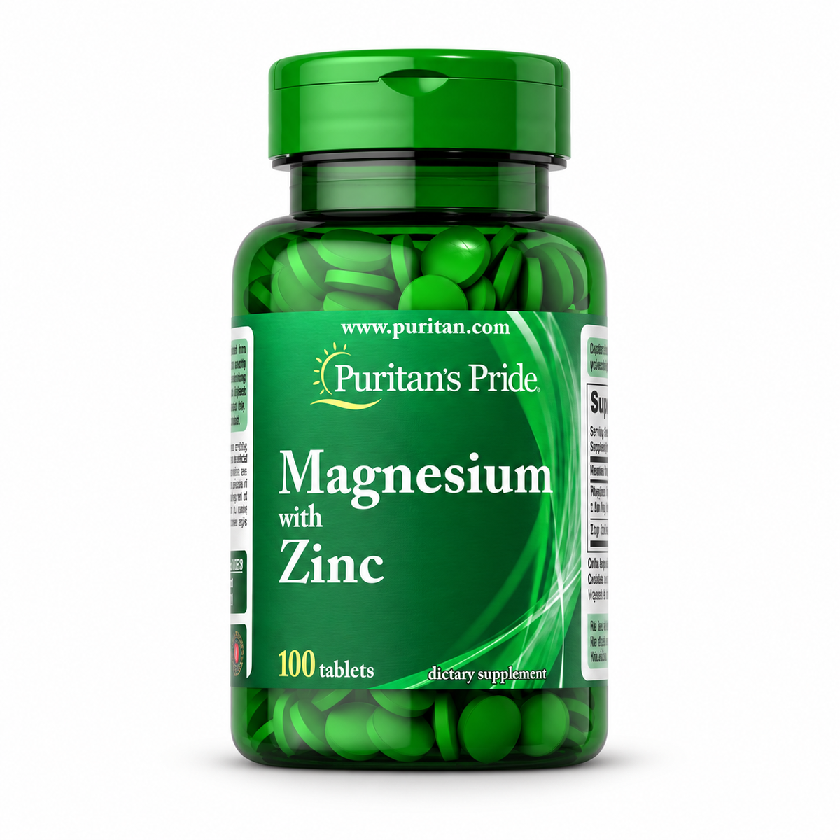 Magnesio con Zinc, 100 tabletas de Puritan's Pride — frasco sobre fondo blanco