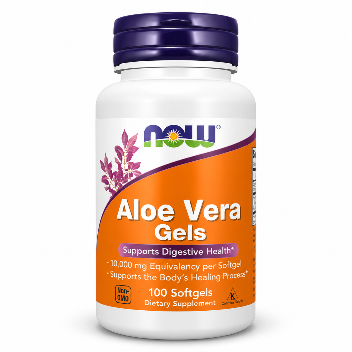 Aloe Vera Gels, 100 cápsulas blandas de NOW Foods — frasco sobre fondo blanco