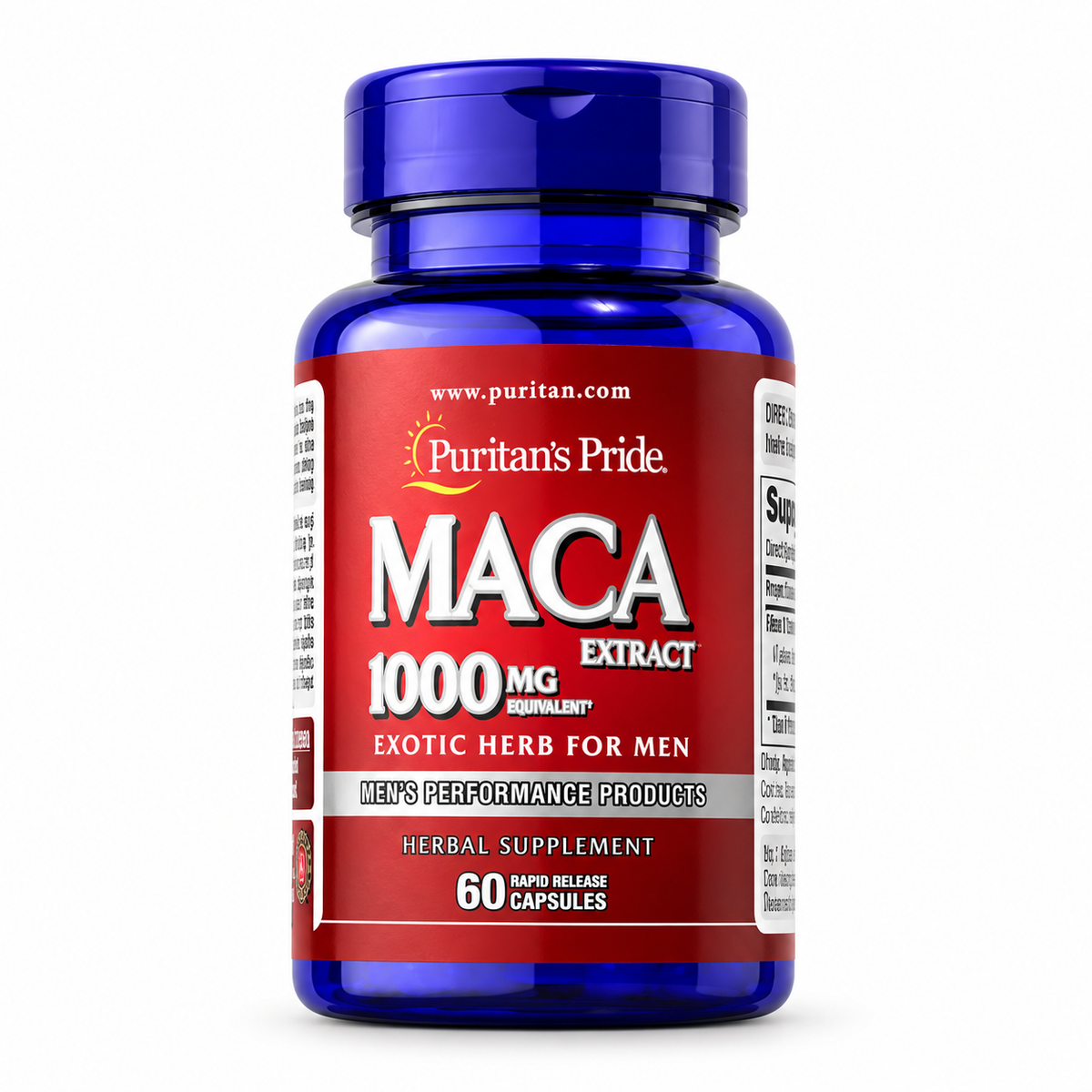 Maca 1000 mg, 60 cápsulas de Puritan's Pride — frasco sobre fondo blanco