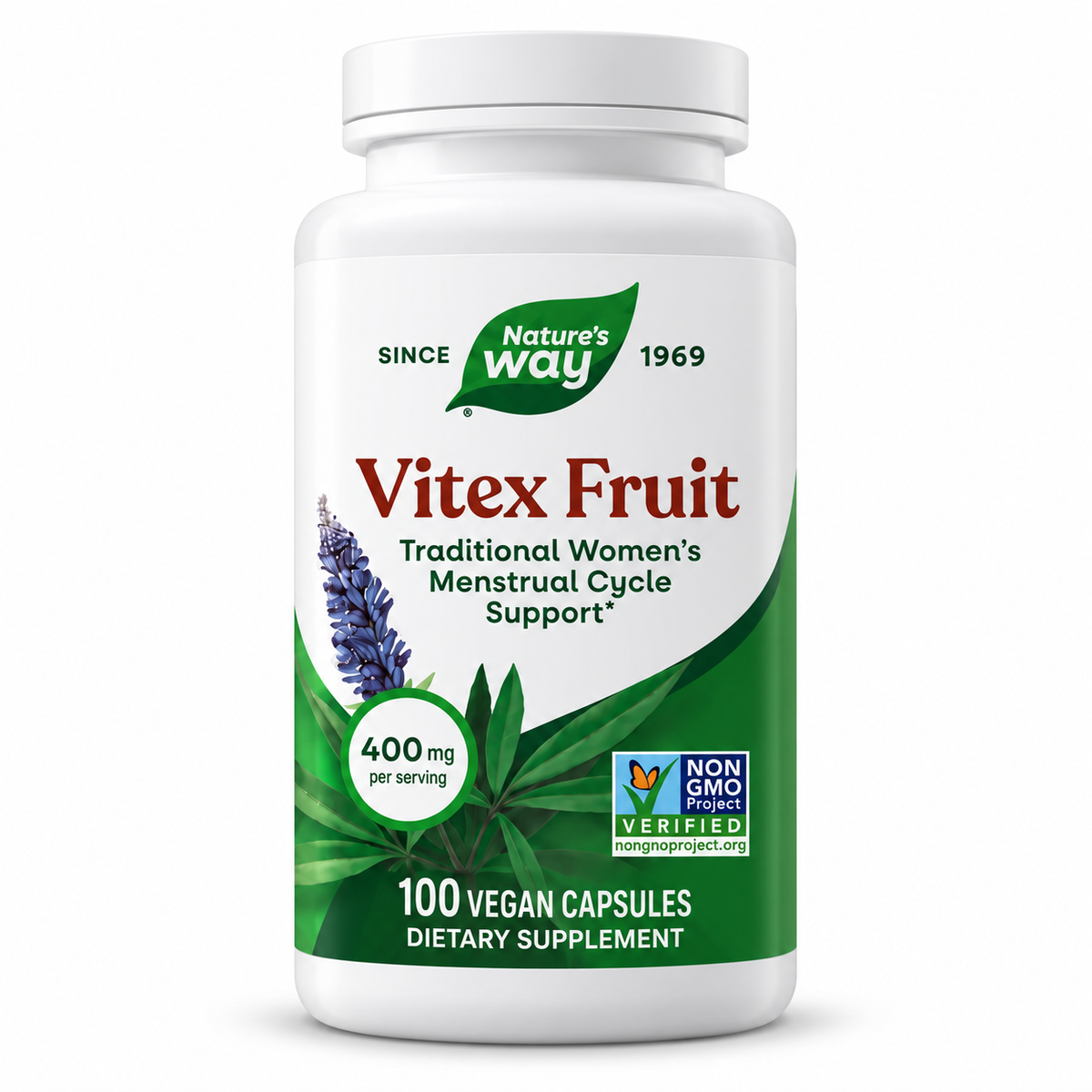 Vitex Fruit 400 mg, 100 cápsulas veganas de Nature's Way — frasco sobre fondo blanco