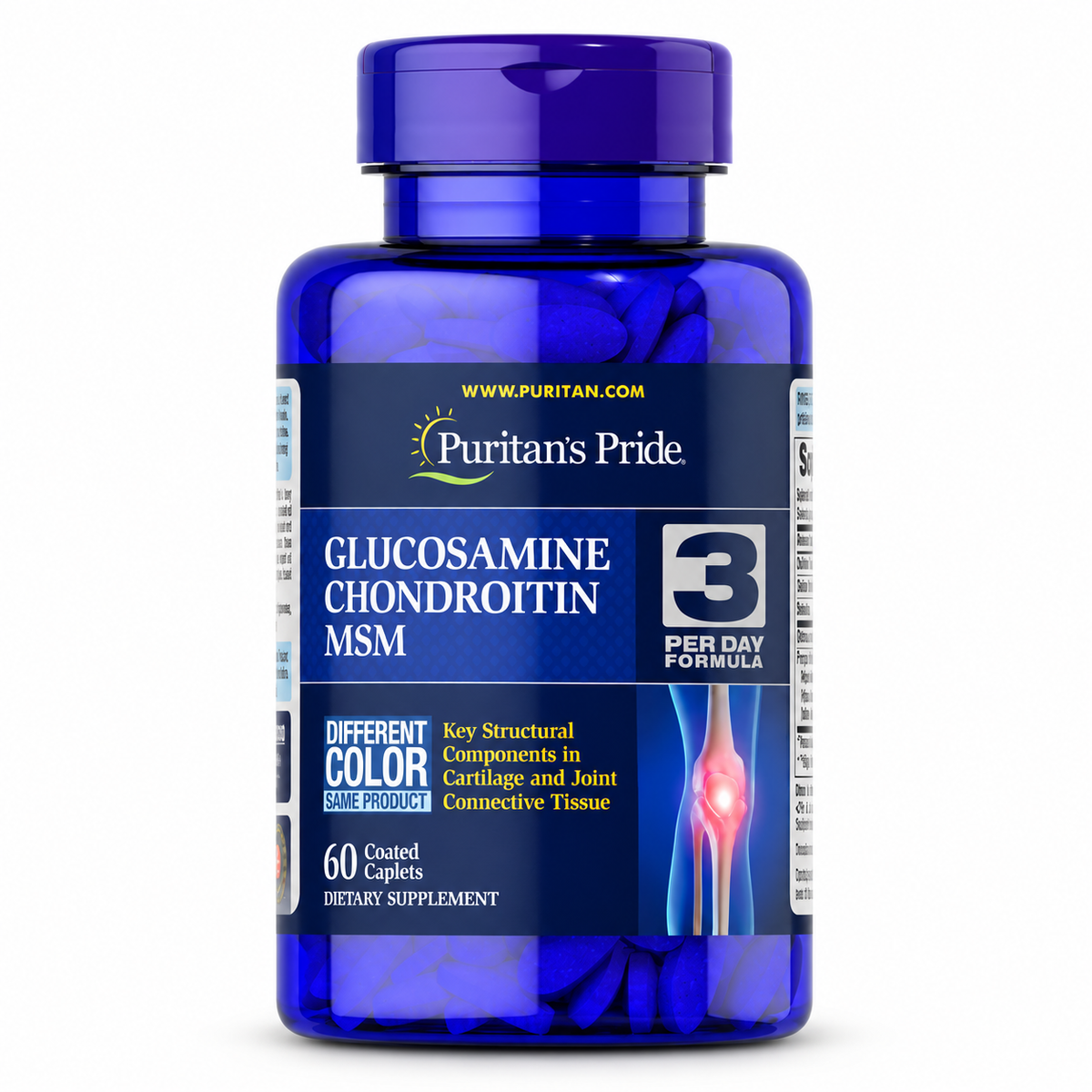 Glucosamina, Condroitina y MSM, 60 capletas de Puritan's Pride — frasco sobre fondo blanco