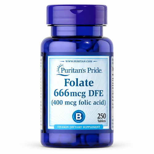 Ácido fólico 400 mcg (666 mcg DFE), 250 tabletas de Puritan's Pride — frasco sobre fondo blanco
